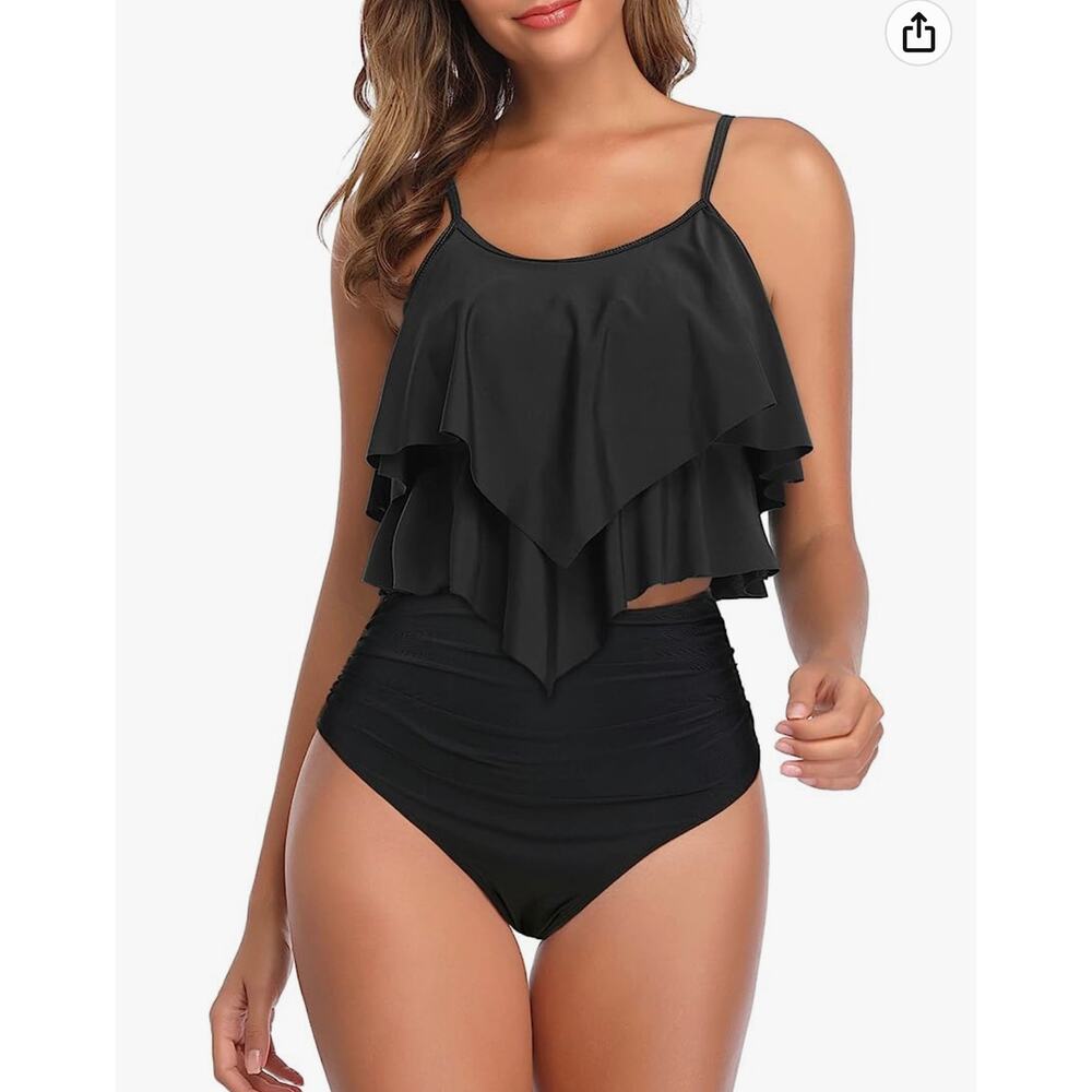 American Trends black ruffle high waisted tankini‎ womens XXXL beachy vacation